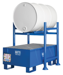 Support for storing a drum horizontally with spill containment pallet Butti