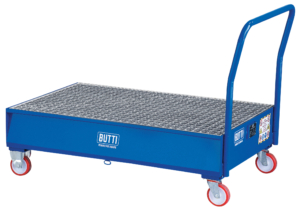 Spill containment pallet with hot-dip galvanized grid and rotating noiseless wheels with brake for two drums Butti 822ER